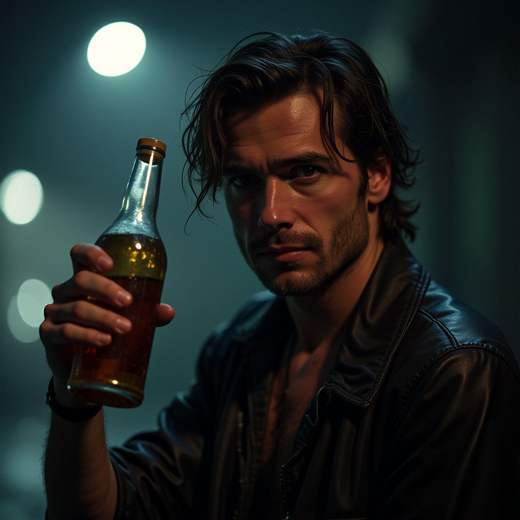 Shameful Drinker in Rainy, Noir-Inspired Scene