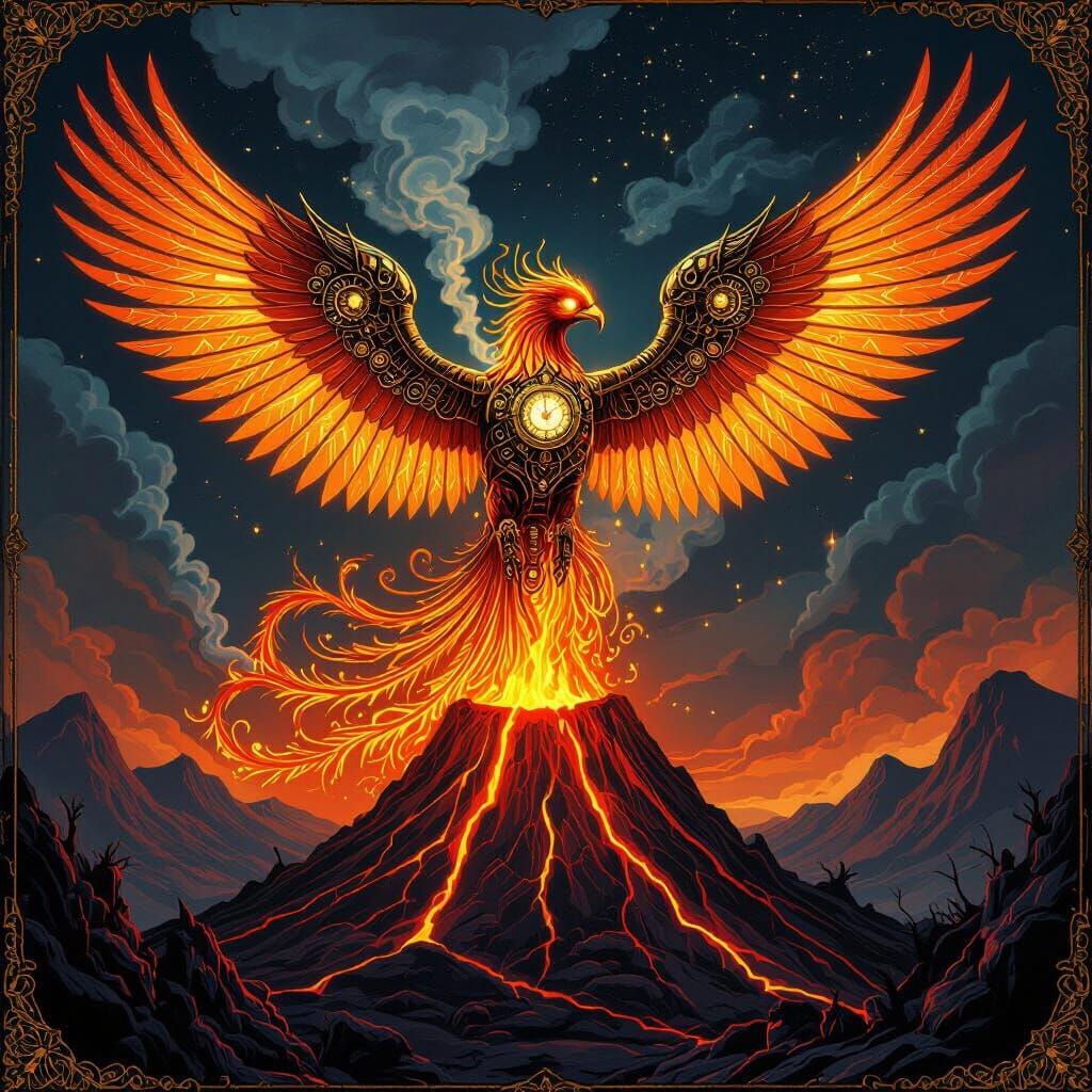 Steampunk Phoenix Rises from Volcano in Vintage Style