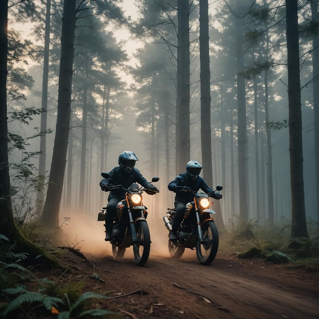 Motorcycle Speeding Through Misty Forest at Dawn