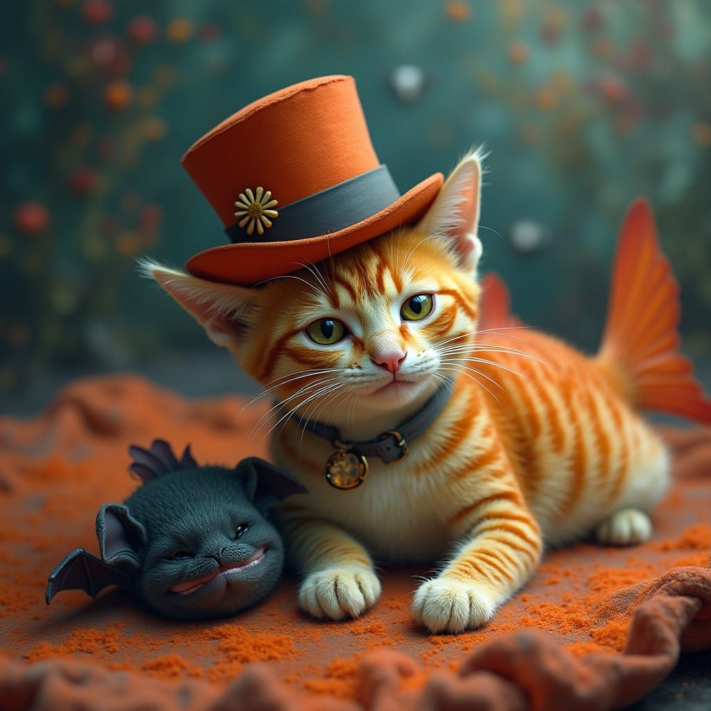 Cat in Fish Costume with Bat, Surreal Dreamscape