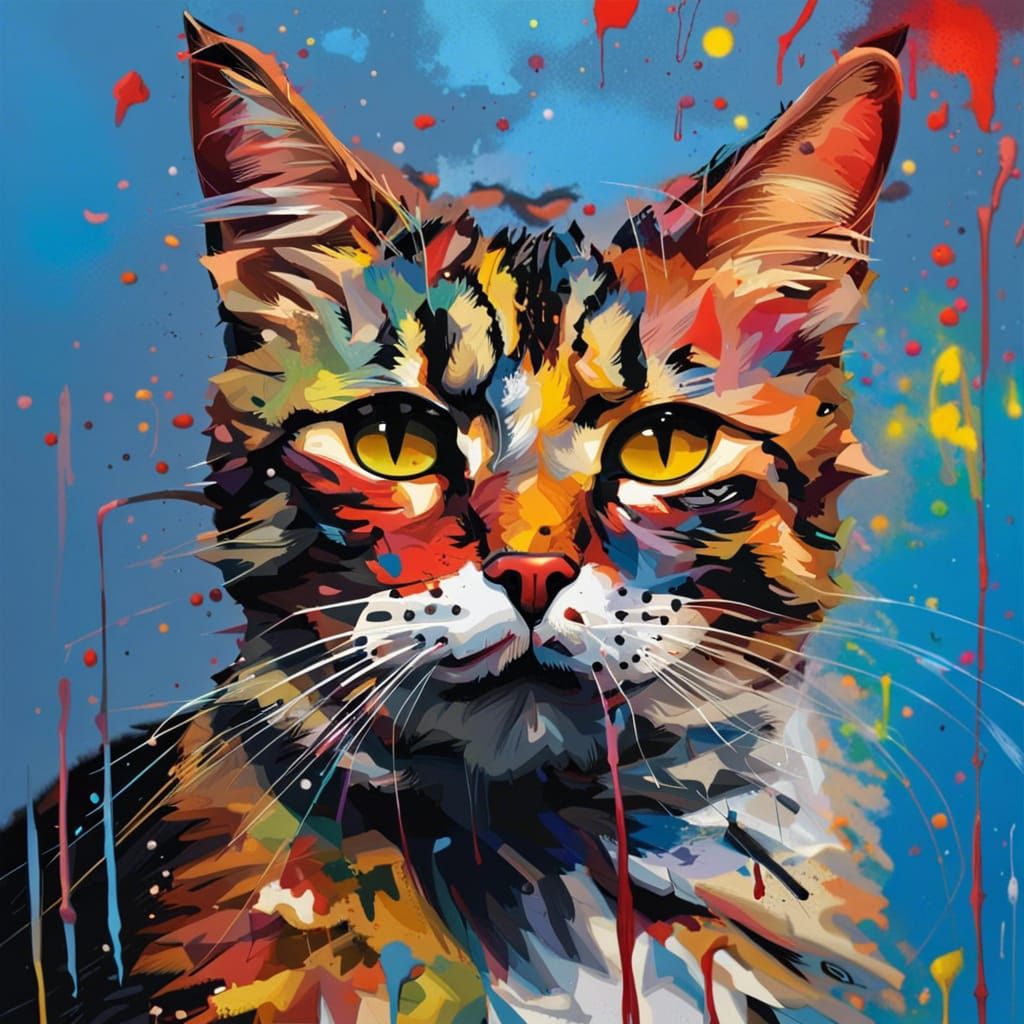 Cat on Paint-Covered Painting in Hyperrealistic Style