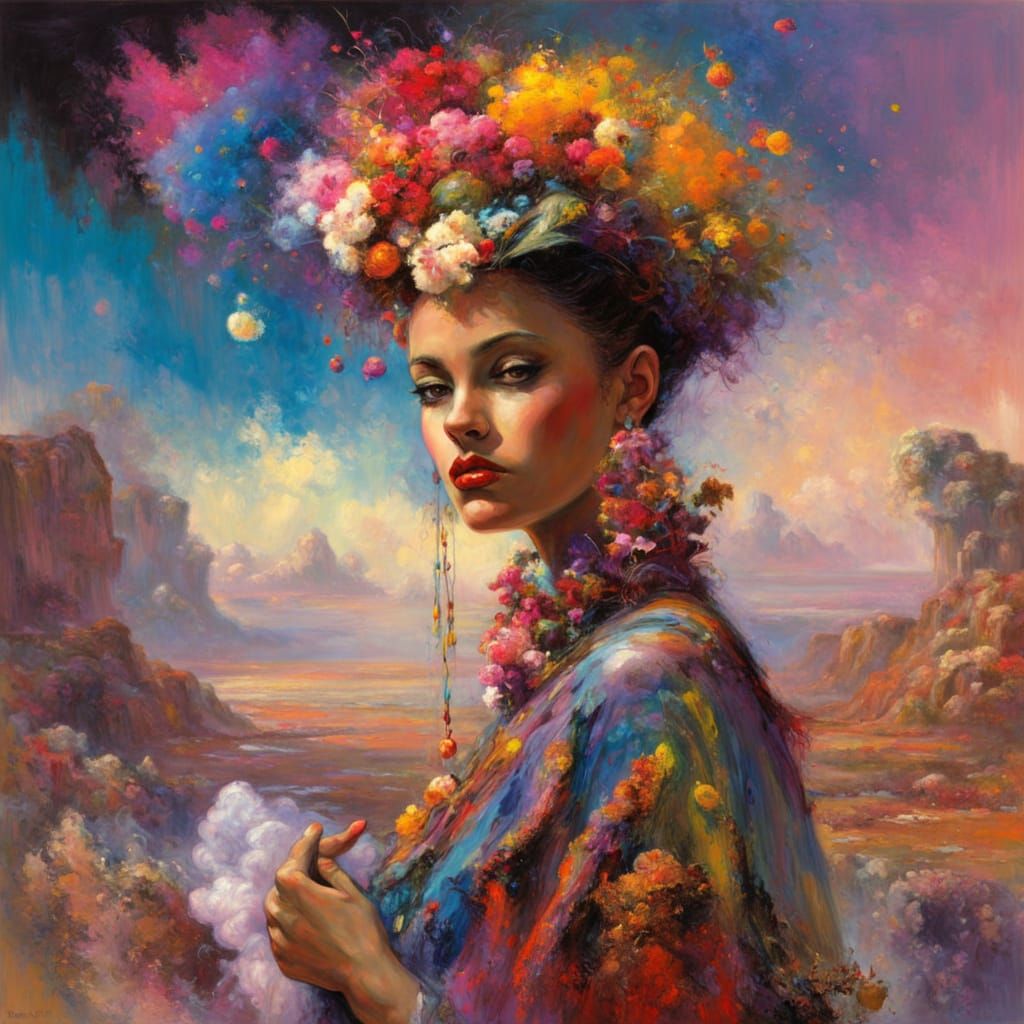 Surreal Fantasy Portrait in Vibrant Acrylic