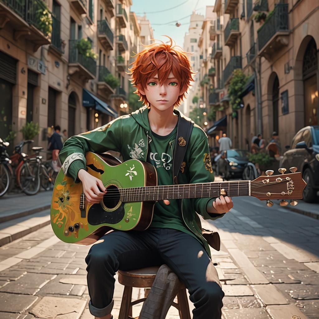 Boy Plays Guitar in Barcelona: Vibrant 3D Anime Art