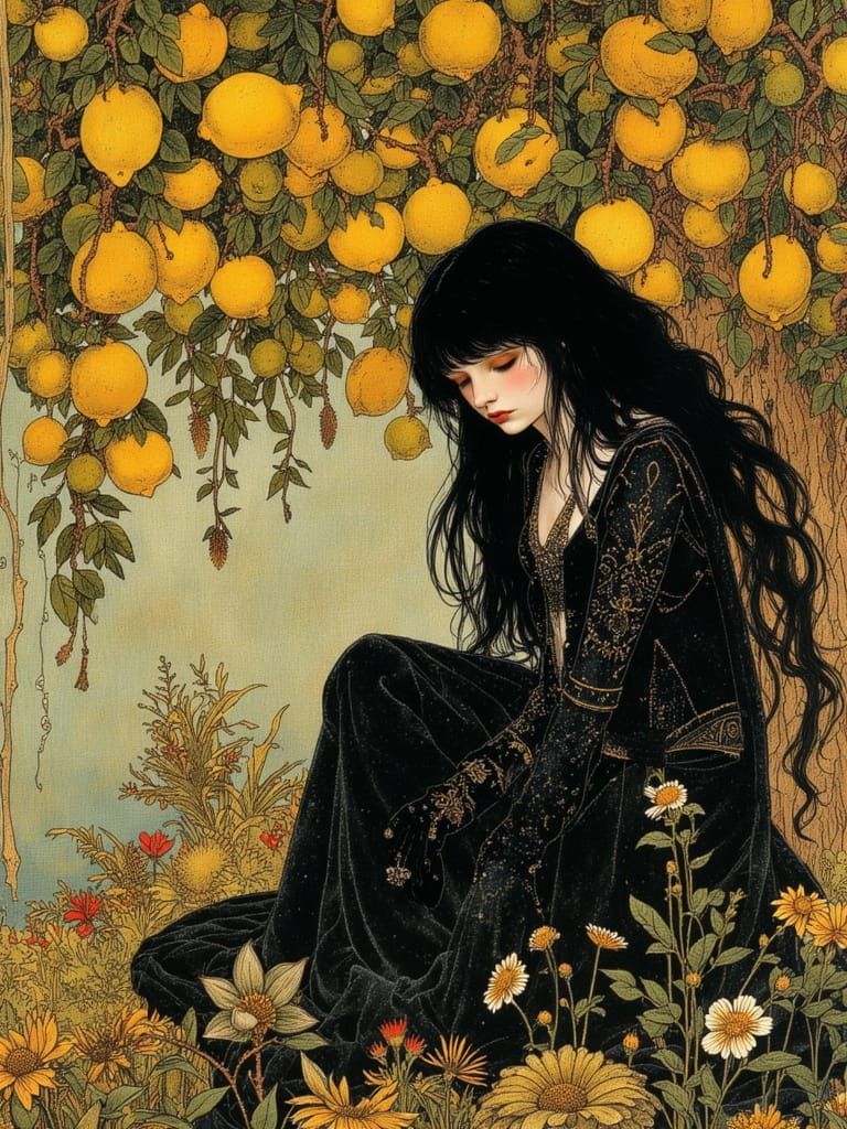 Girl in Wildcat Pelts Under Lemon Tree, Art Nouveau