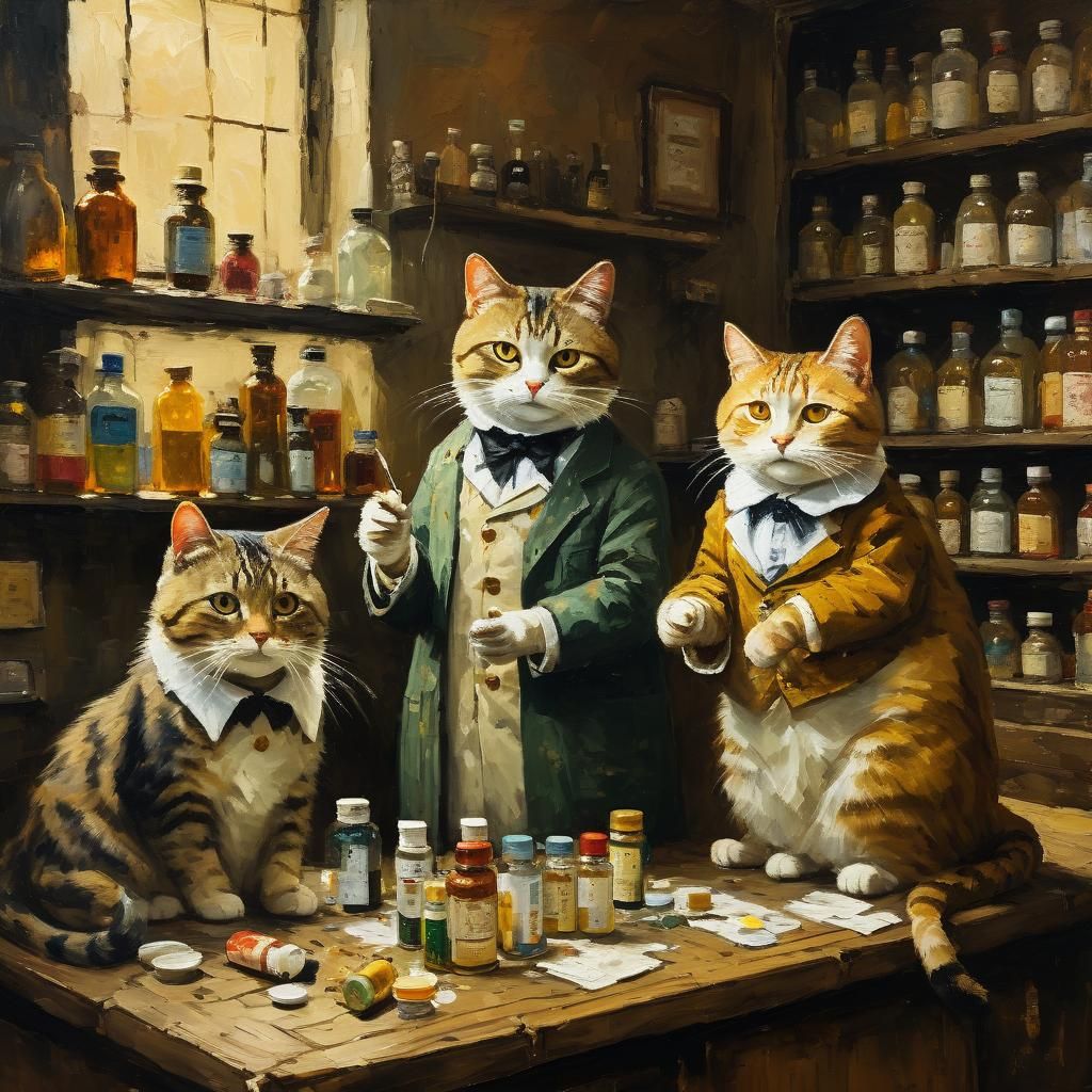 Cats Handing Out Pills in Expressionist Oil Painting