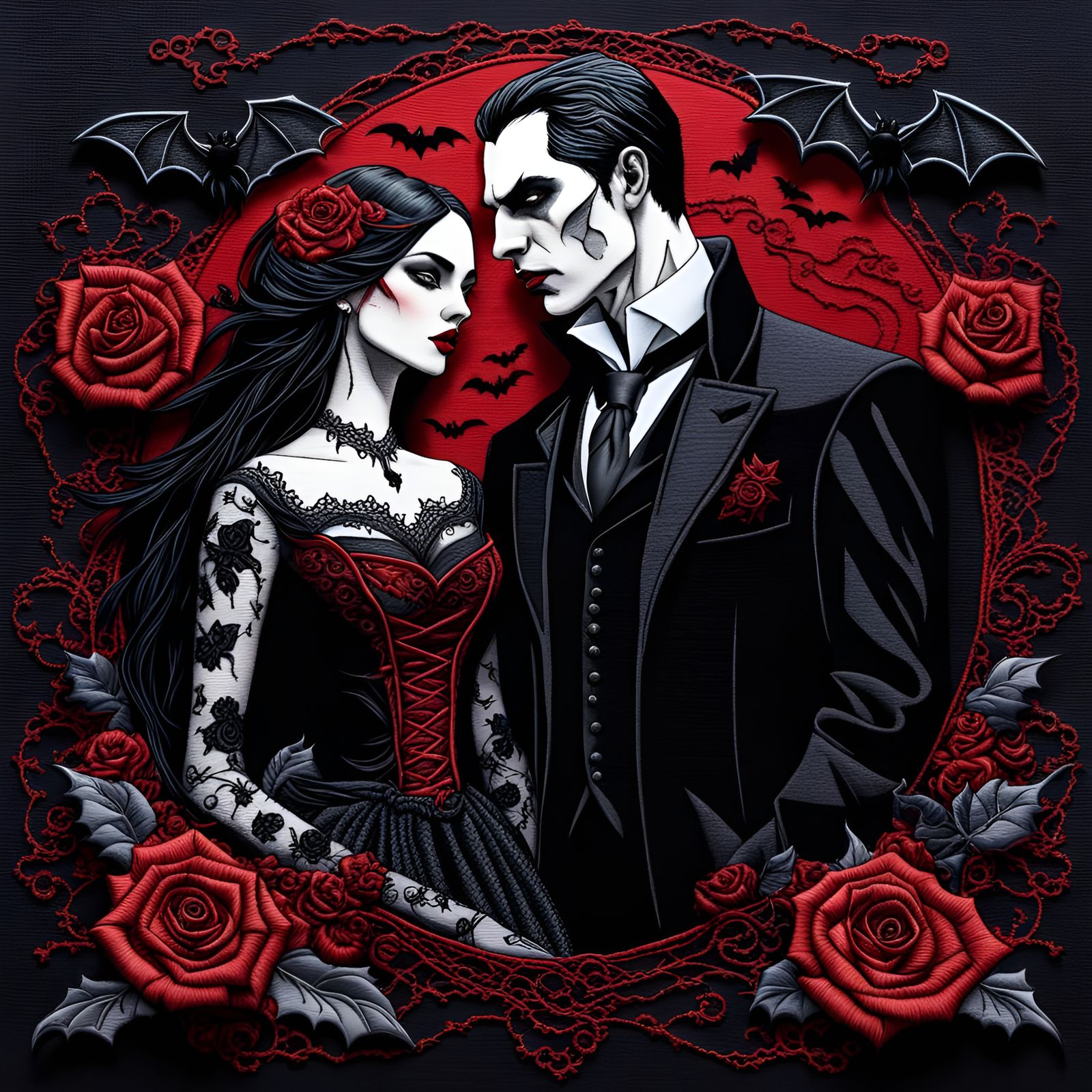 Embroidered Vampire Couple with Roses and Bats