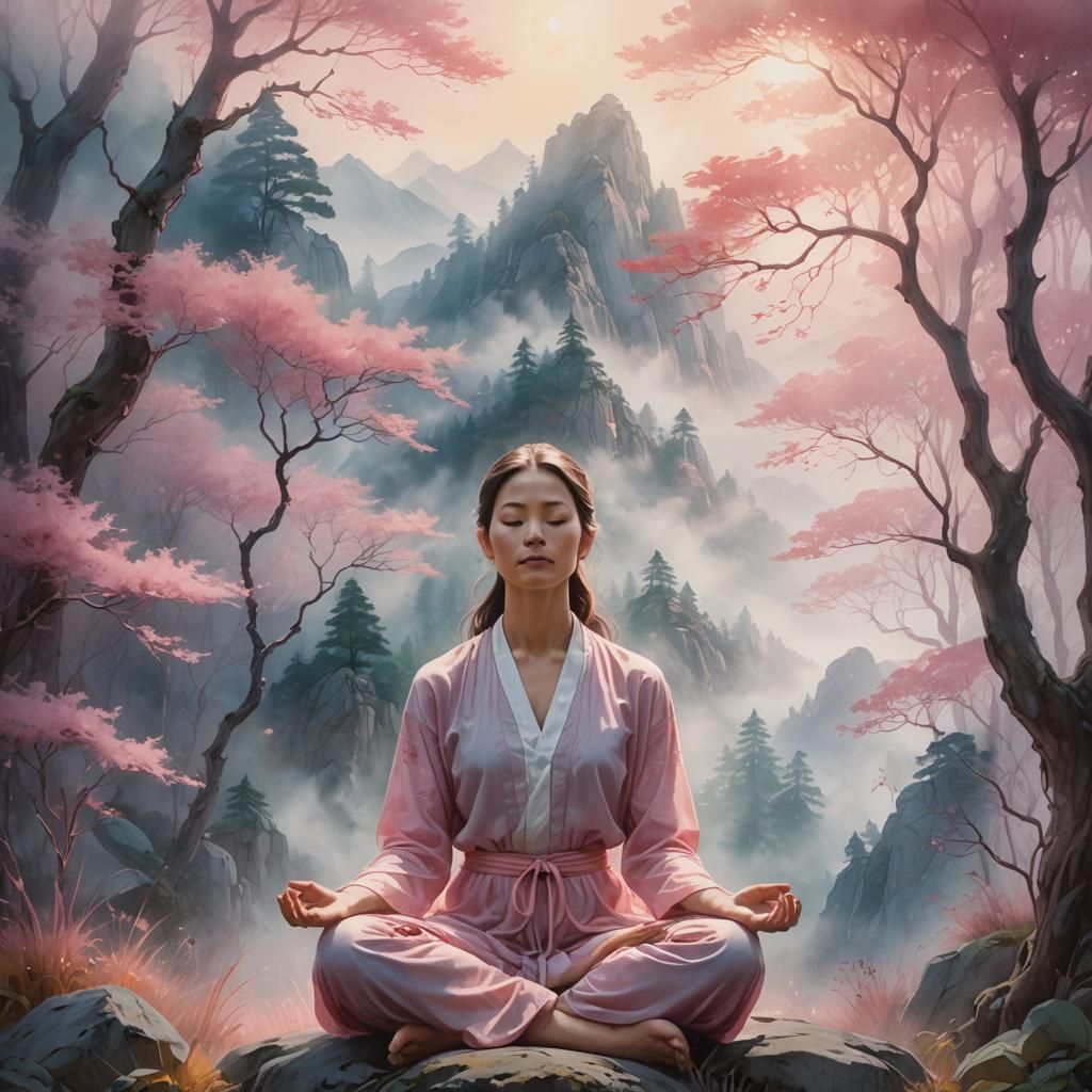 Mystical Woman Meditating in Mountain Mist