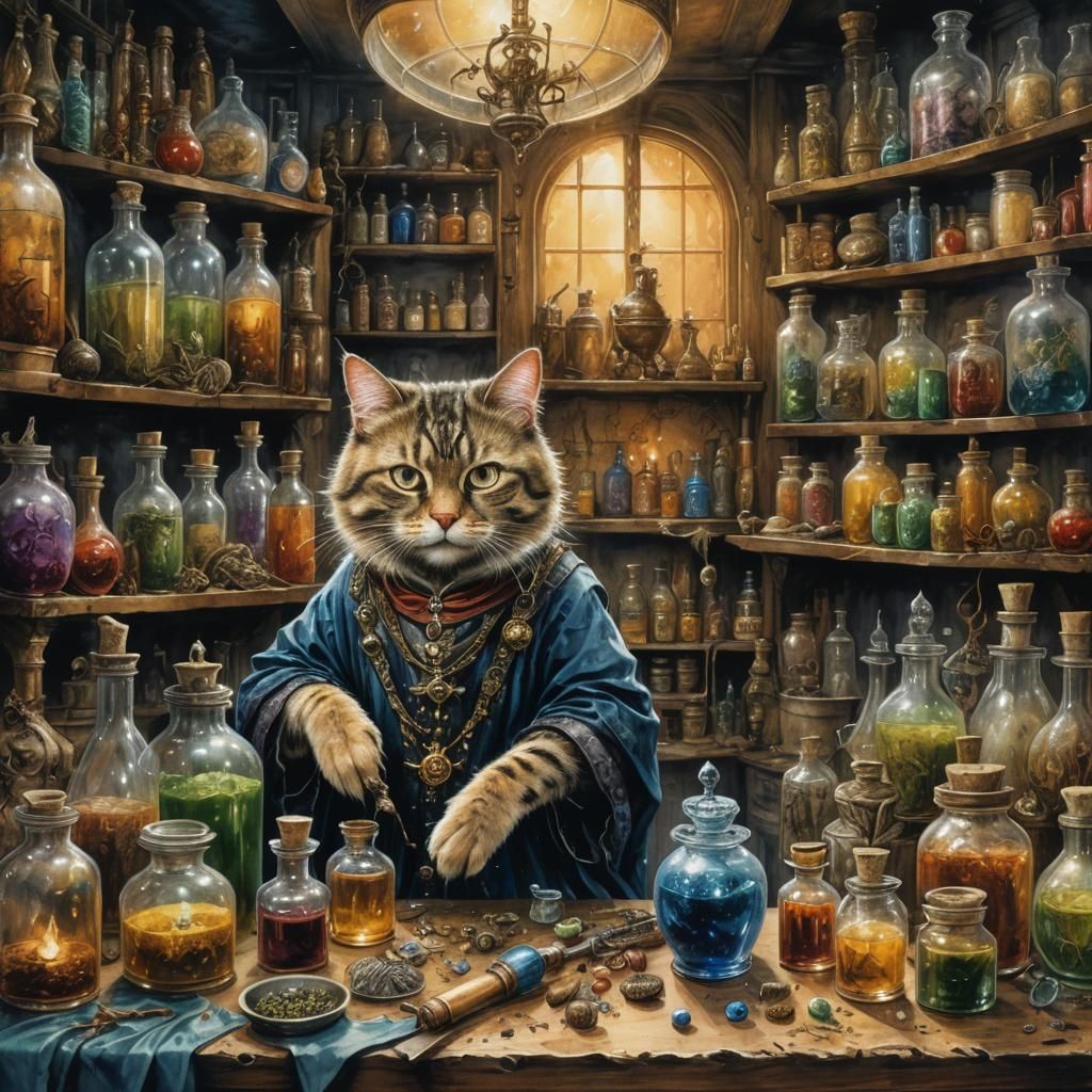 Anthropomorphic Cat Wizard in Alchemist Lab: Watercolor Oil ...