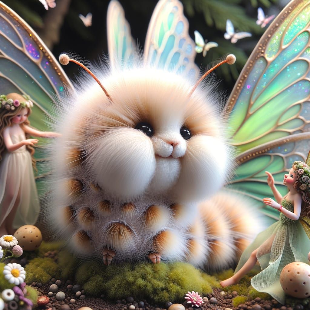 Vibrant Whimsical Scene of a Fuzzy Caterpillar Surrounded by...