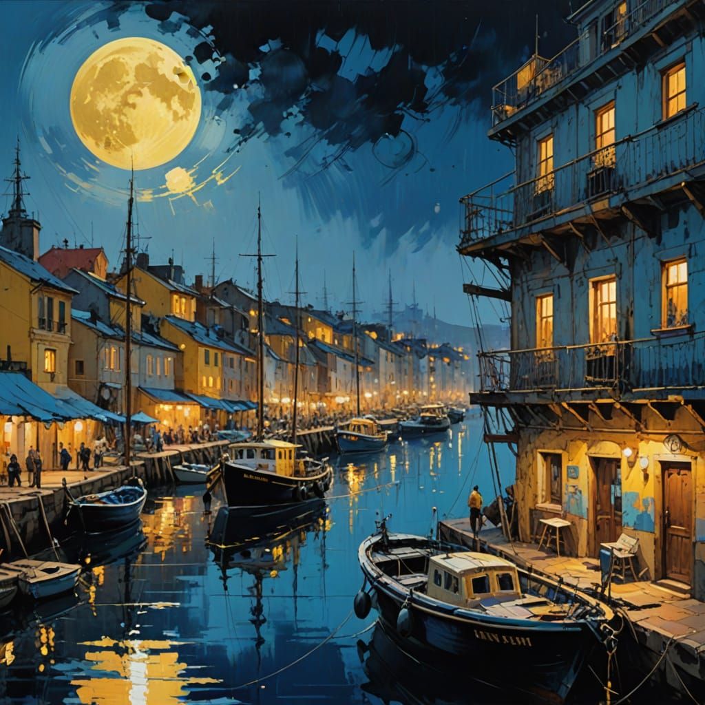 yellow moon close up fishing boat in the harbour fishing town in hues of blue and black By artist Michael ...