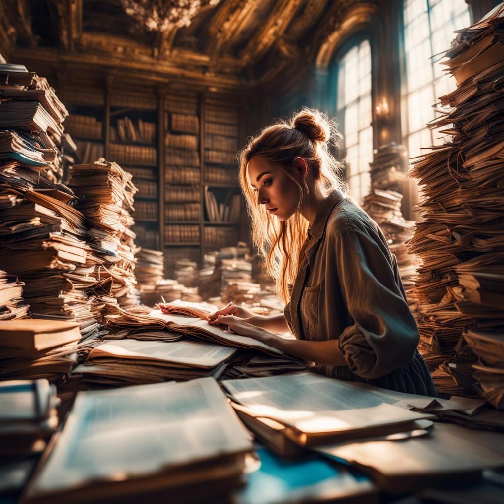 Woman Filing in Antique Room, Carne Griffiths Style