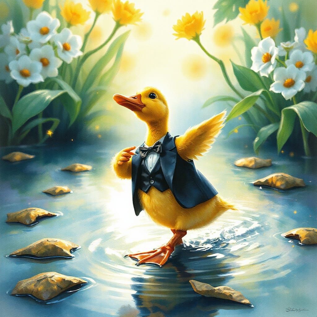 Duckling in Tuxedo Dances: Vibrant Watercolor Fantasy Art