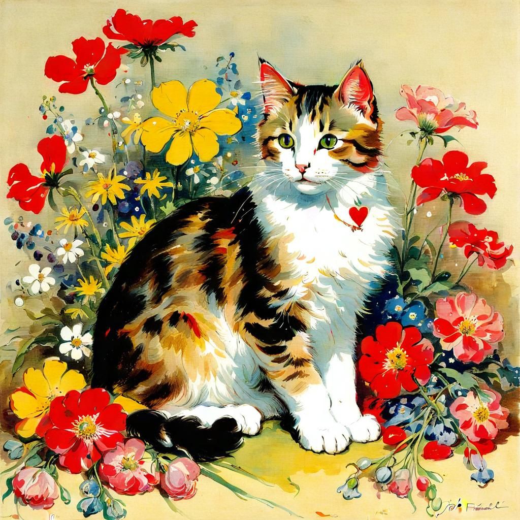 Cat Surrounded by Flowers, Orientalist Painting