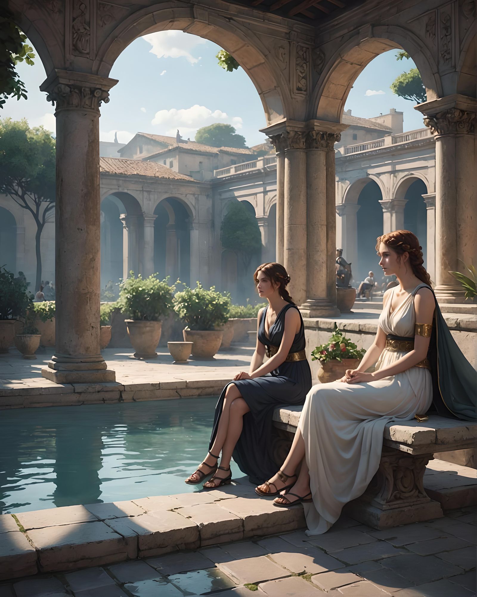 Ancient Rome Pool Scene in 3D Anime Style