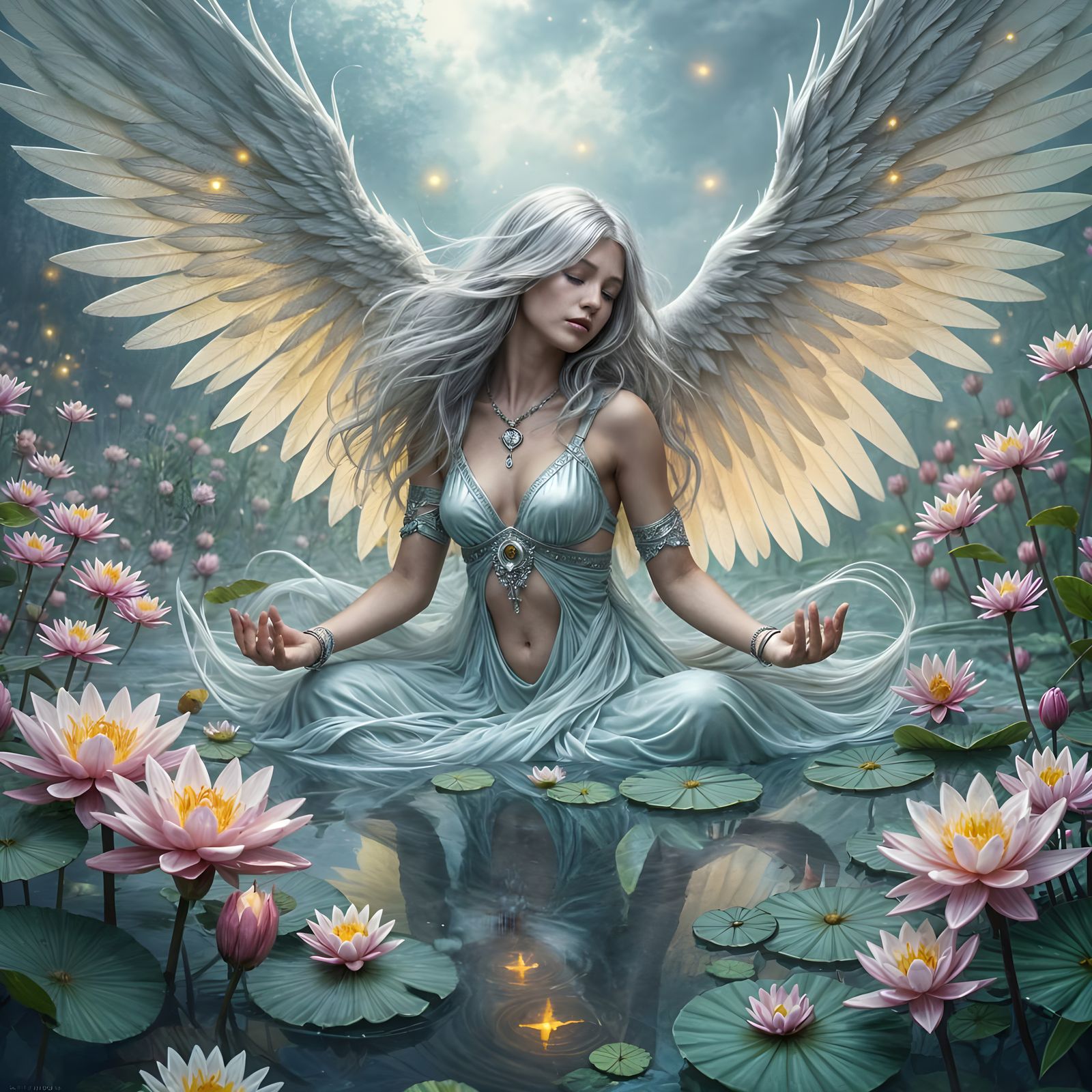 Celestial Goddess Meditating Over Tranquil Lake