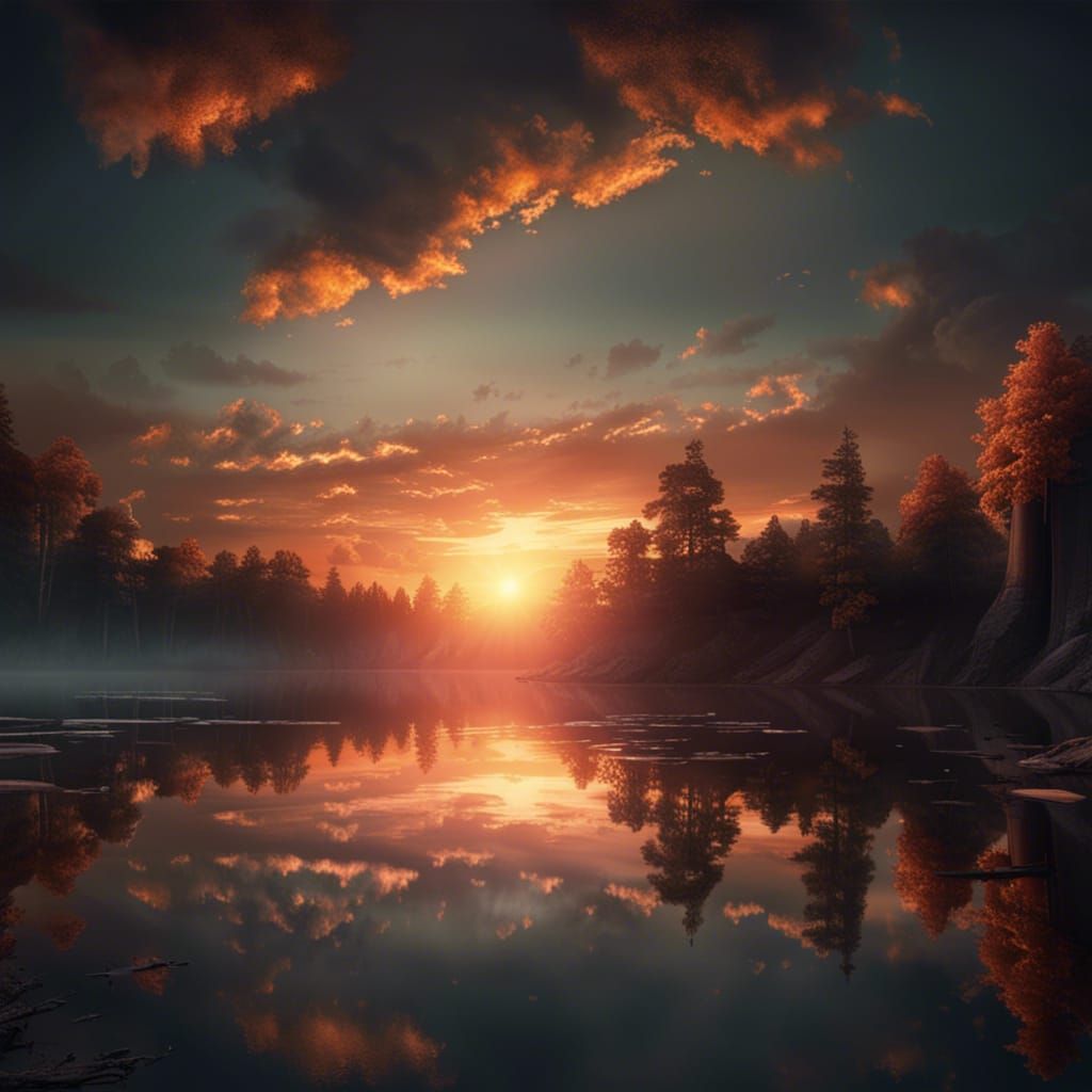 Epic Sunrise Reflection on Lake: Digital Painting
