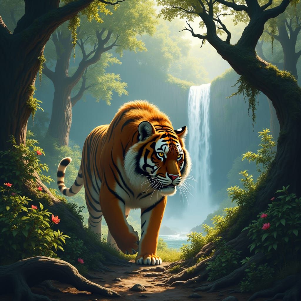 Smilodon Tiger in Jungle, Detailed Matte Painting