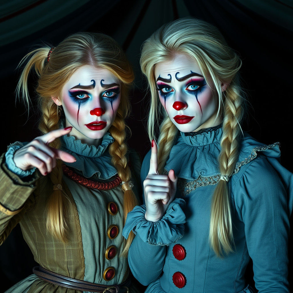 Anna and Elsa as Sad Clowns in Circus Tent