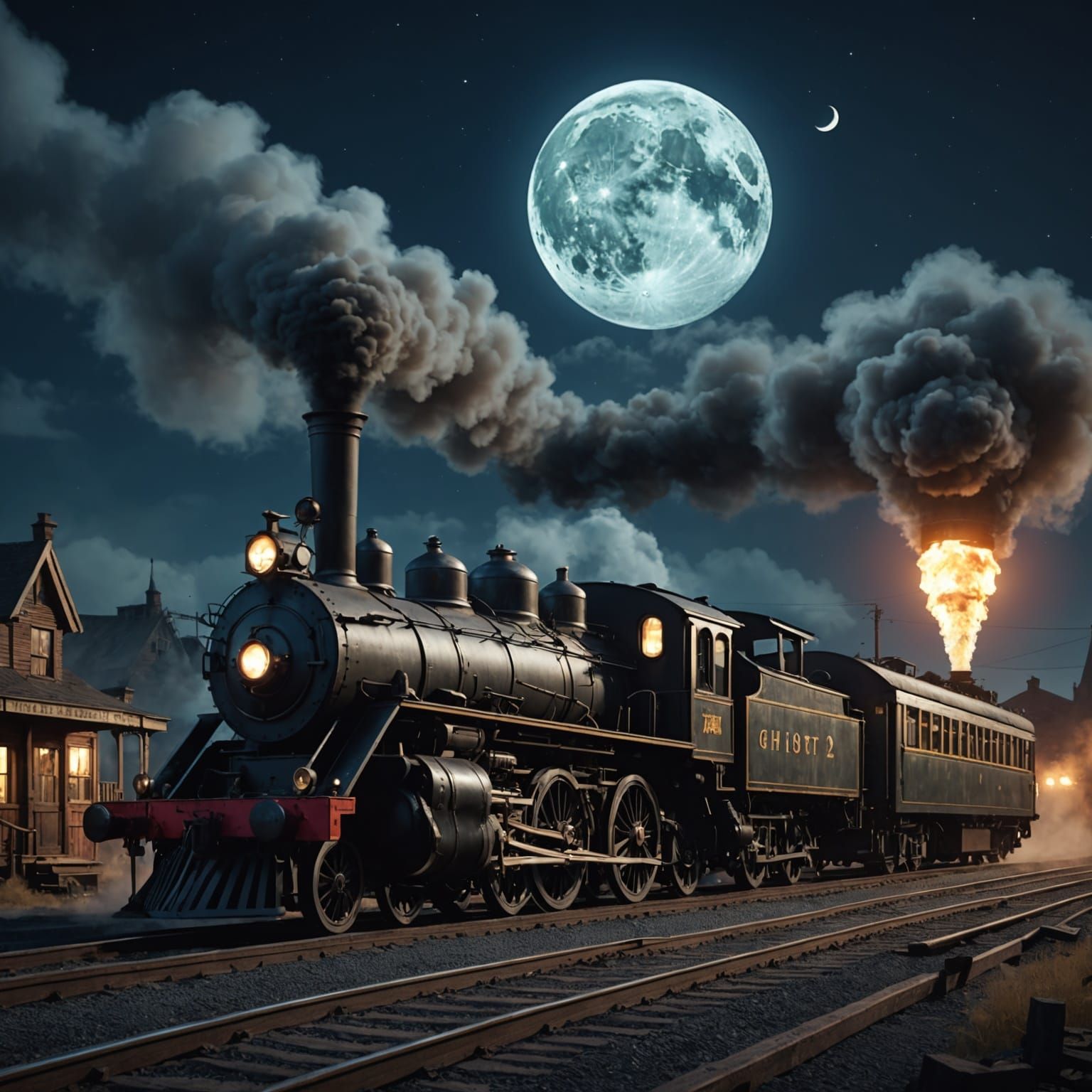 Ghost Steam Locomotive with Vintage Cars at Night