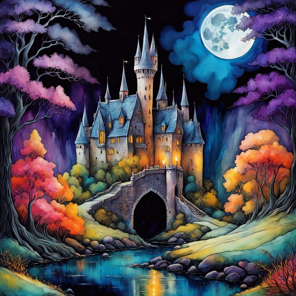 Gothic Castle Under Iridescent Moonlight in Whimsical Alcoho...