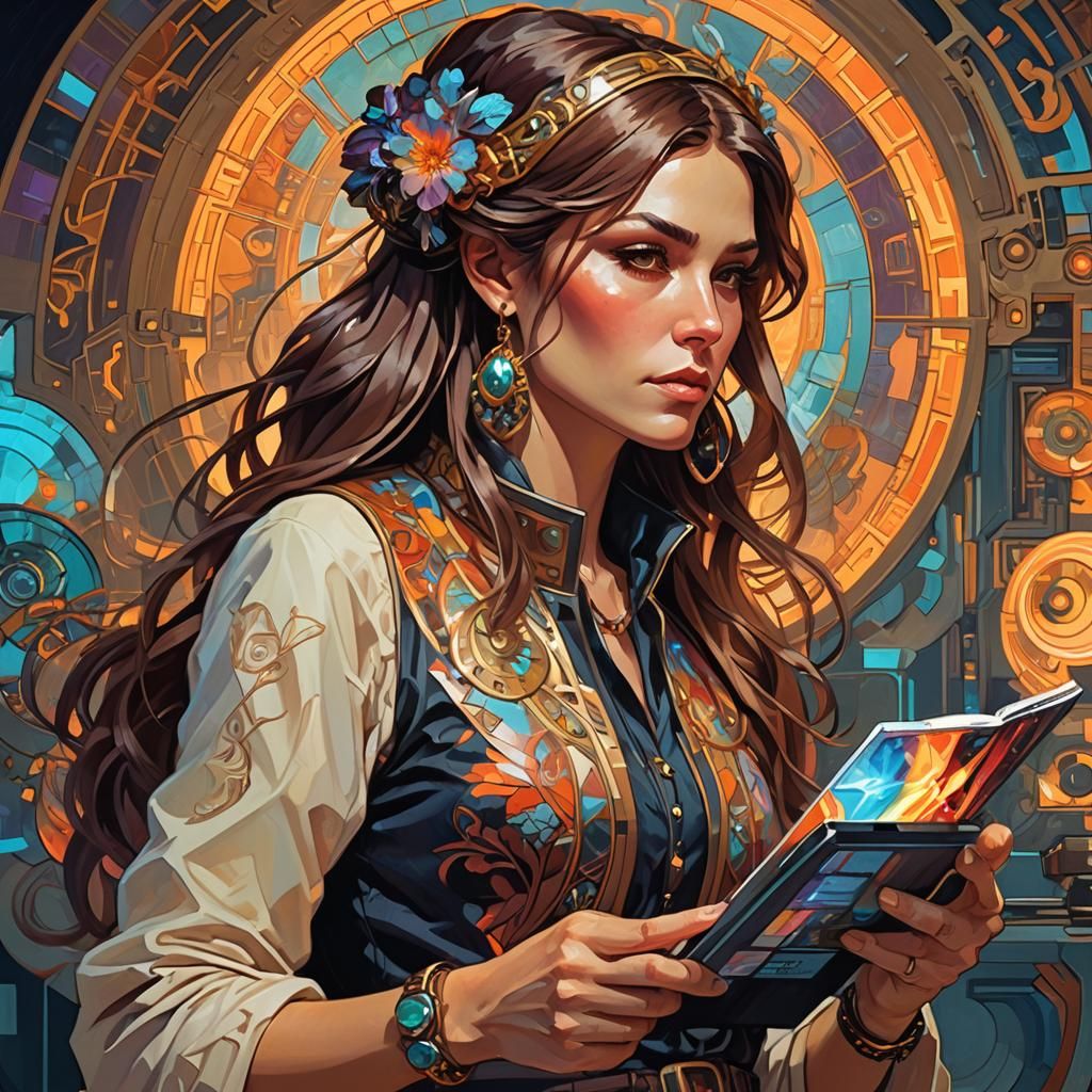 Woman with Computer, in an Oil Painting Style