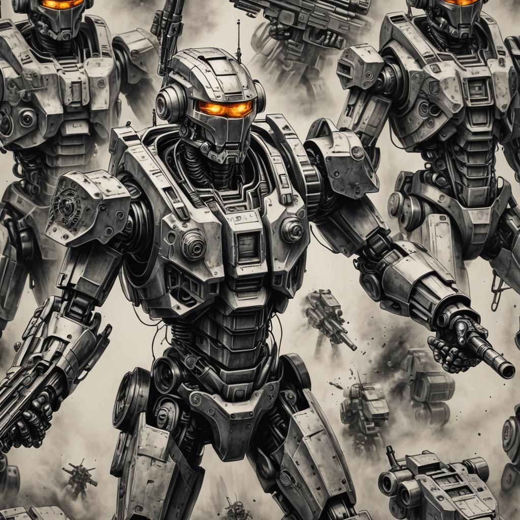 Hyperdetailed Charcoal Drawing of Robot Military with Guns