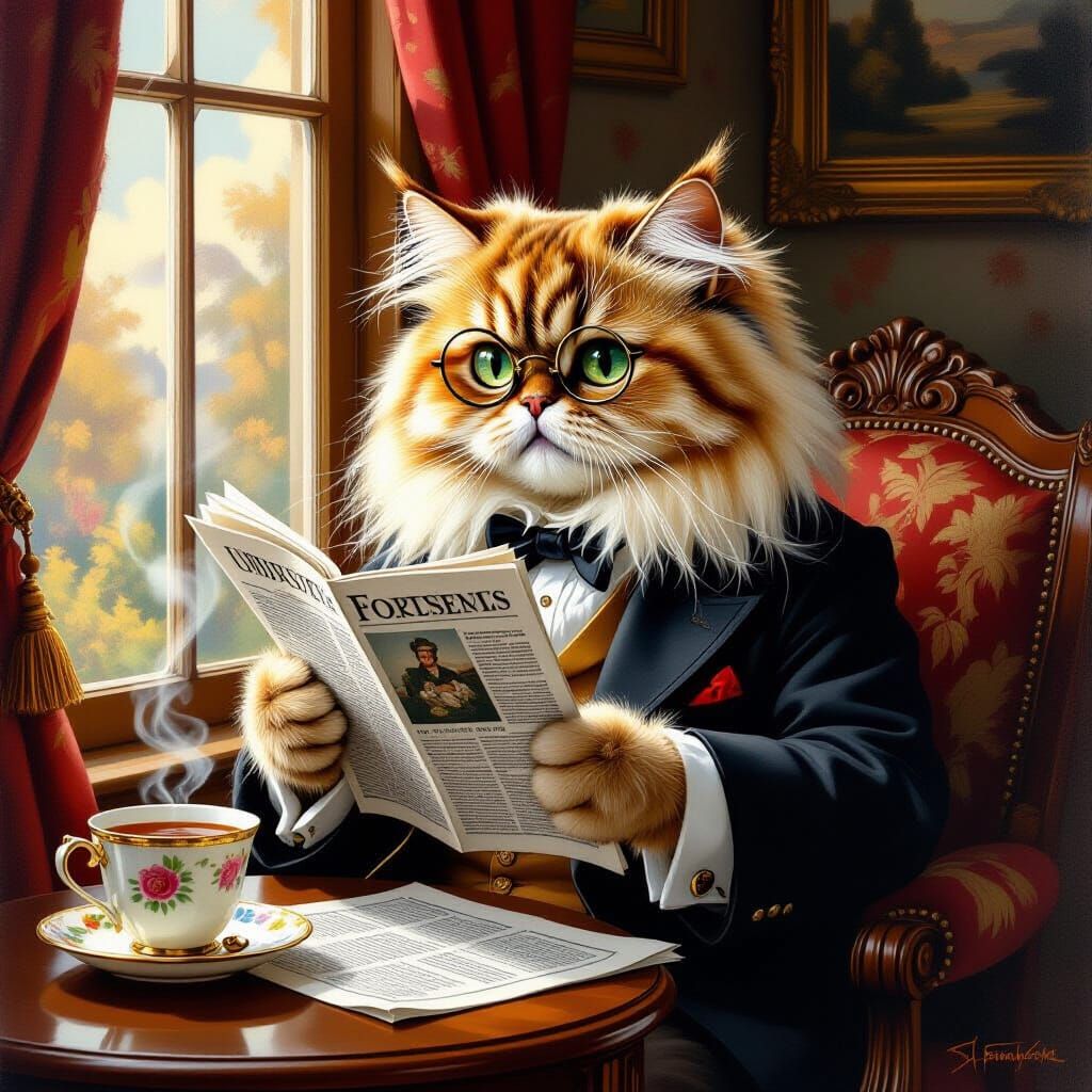 Persian Cat Reading Newspaper in Cozy Living Room