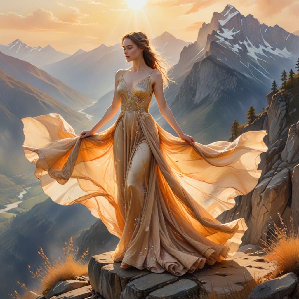 Woman on Precipice in Ethereal Watercolour Style