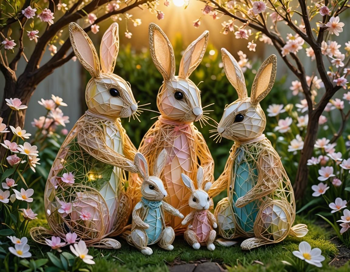 Delicate String Art: Rabbit Family in Golden Light