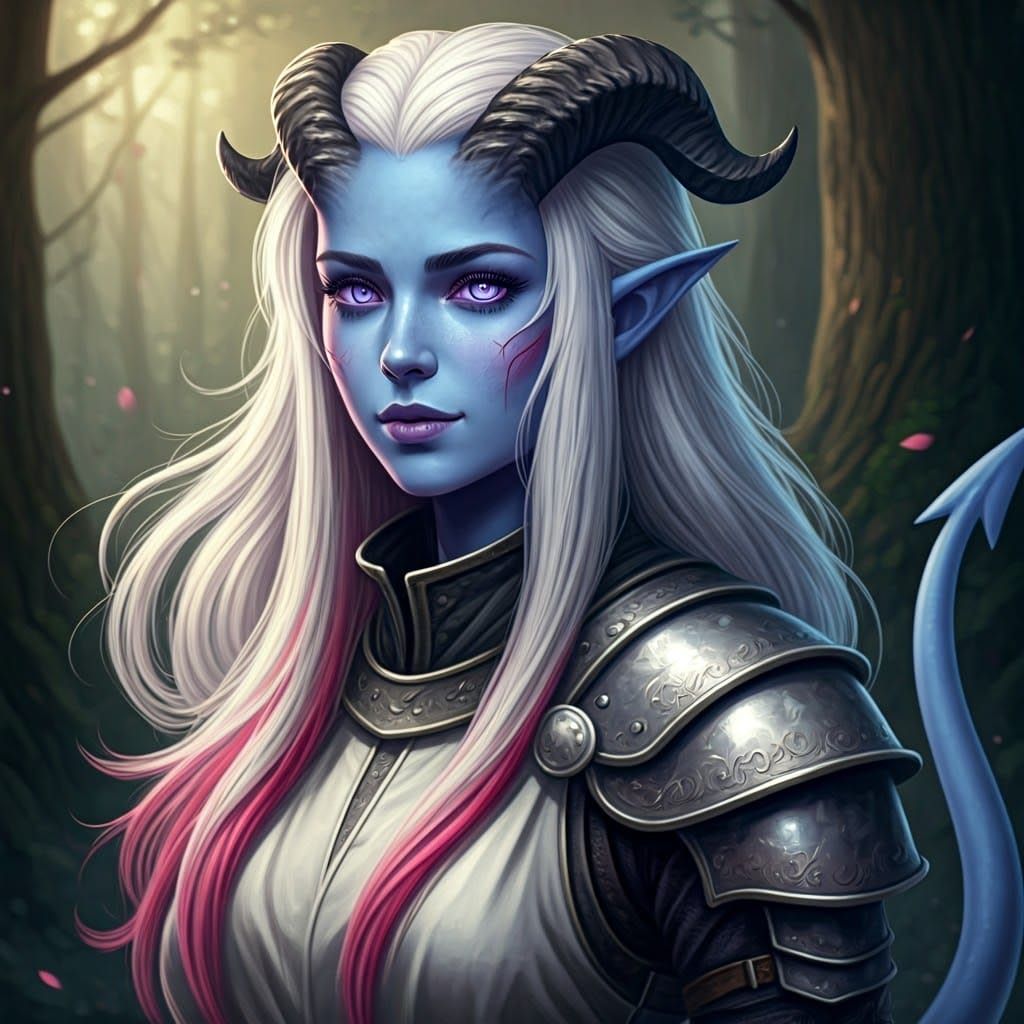 Semi-Realistic Tiefling Cleric in Whimsical Forest