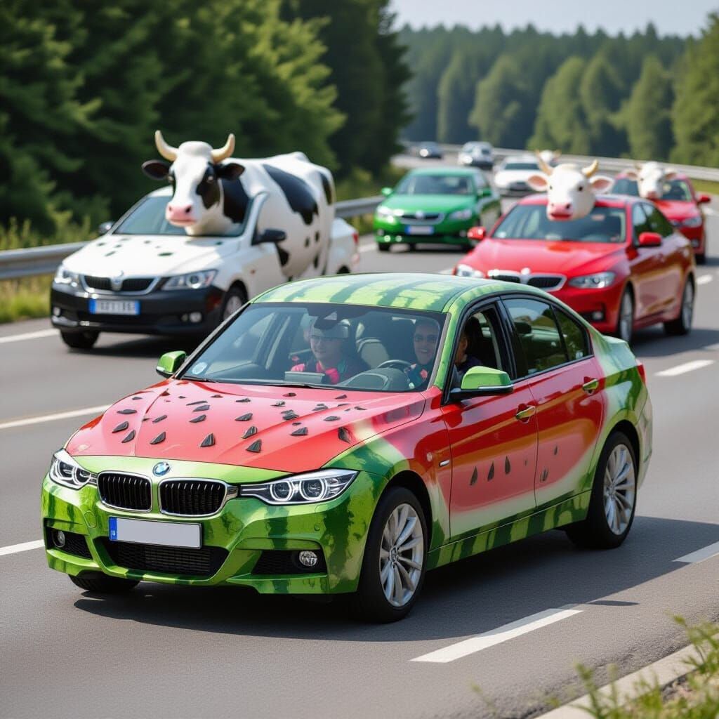 Watermelon Car Drives Past Bovine Vehicles