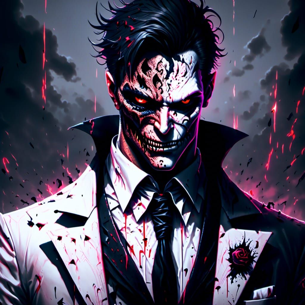 Portrait of DC_villain_Two Face, half normal face, half face and head full burn scarred, hair half black and half white,...