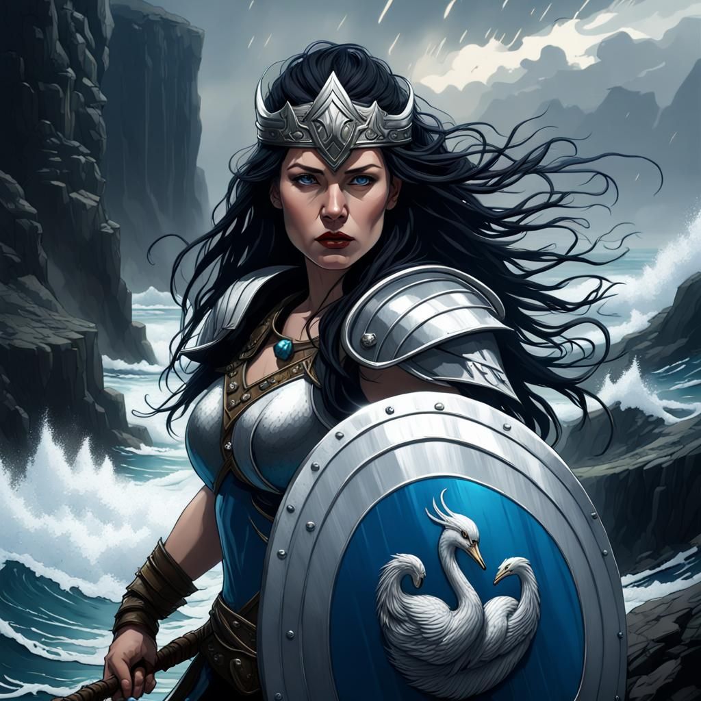 Shieldmaiden with Spear and Swan Shield