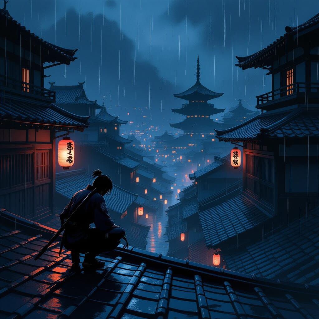 Shadowy Shinobi Stalks Rooftops in Rainy Night Concept Art