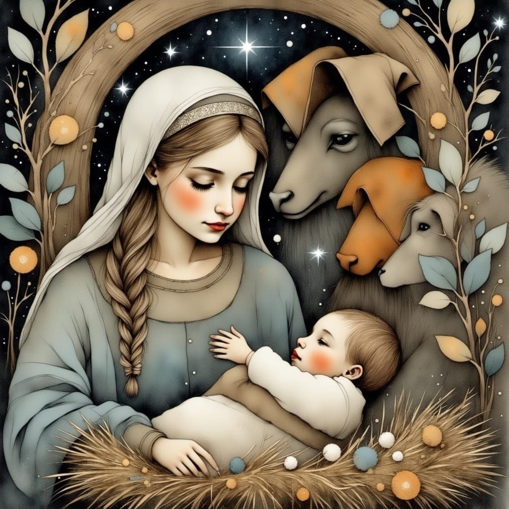 Mary and Joseph Marvel at the Baby Jesus in the Manger, Surr...