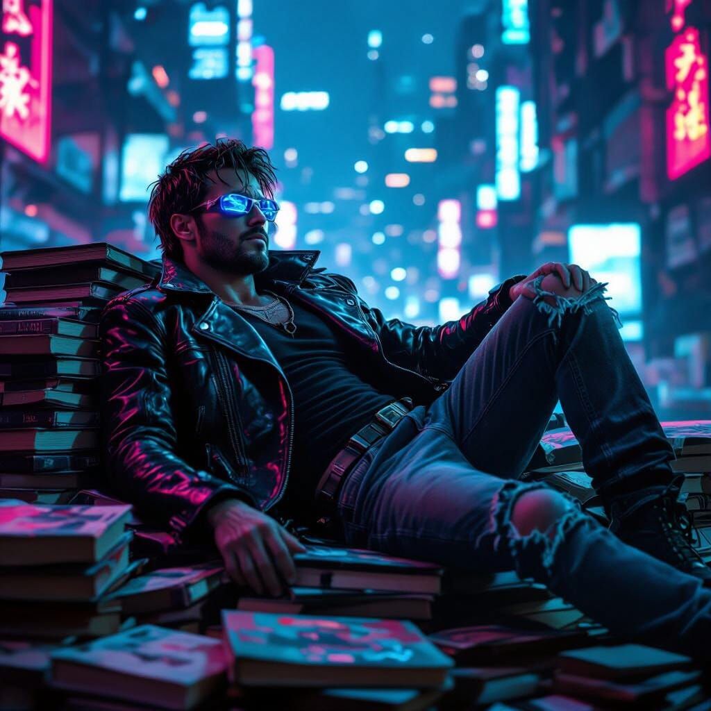 Cyberpunk Man on Books in Neon Cityscape
