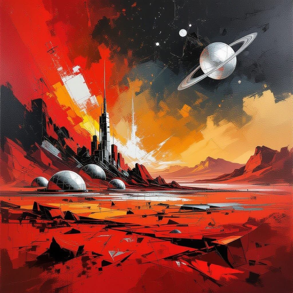 Abstract Expressionist Martian Cityscape with Futuristic Tec...