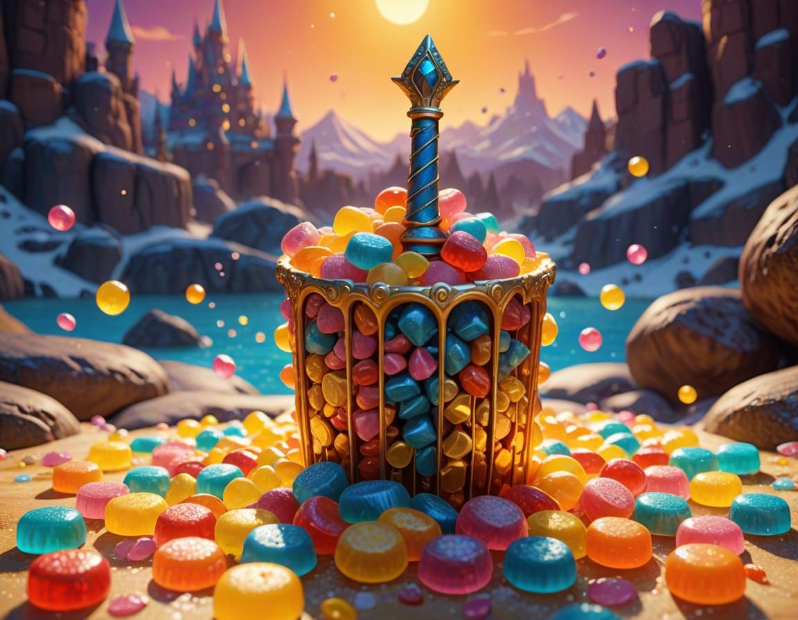 Vibrant Candy Landscape with Sweeping Sword