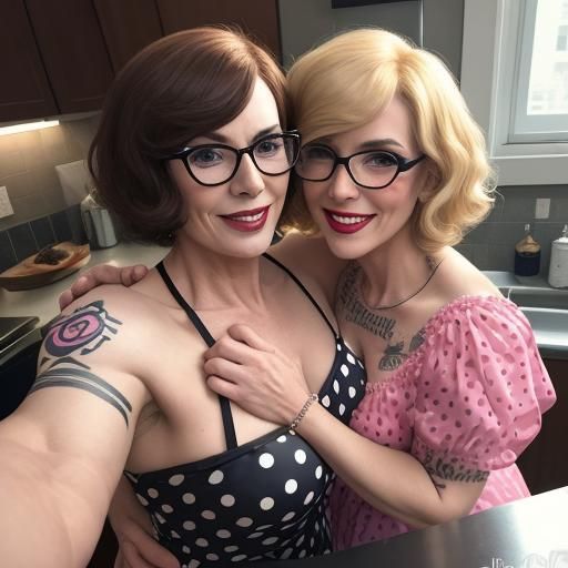 Two Bodybuilder Drag Queens Hug in Kitchen