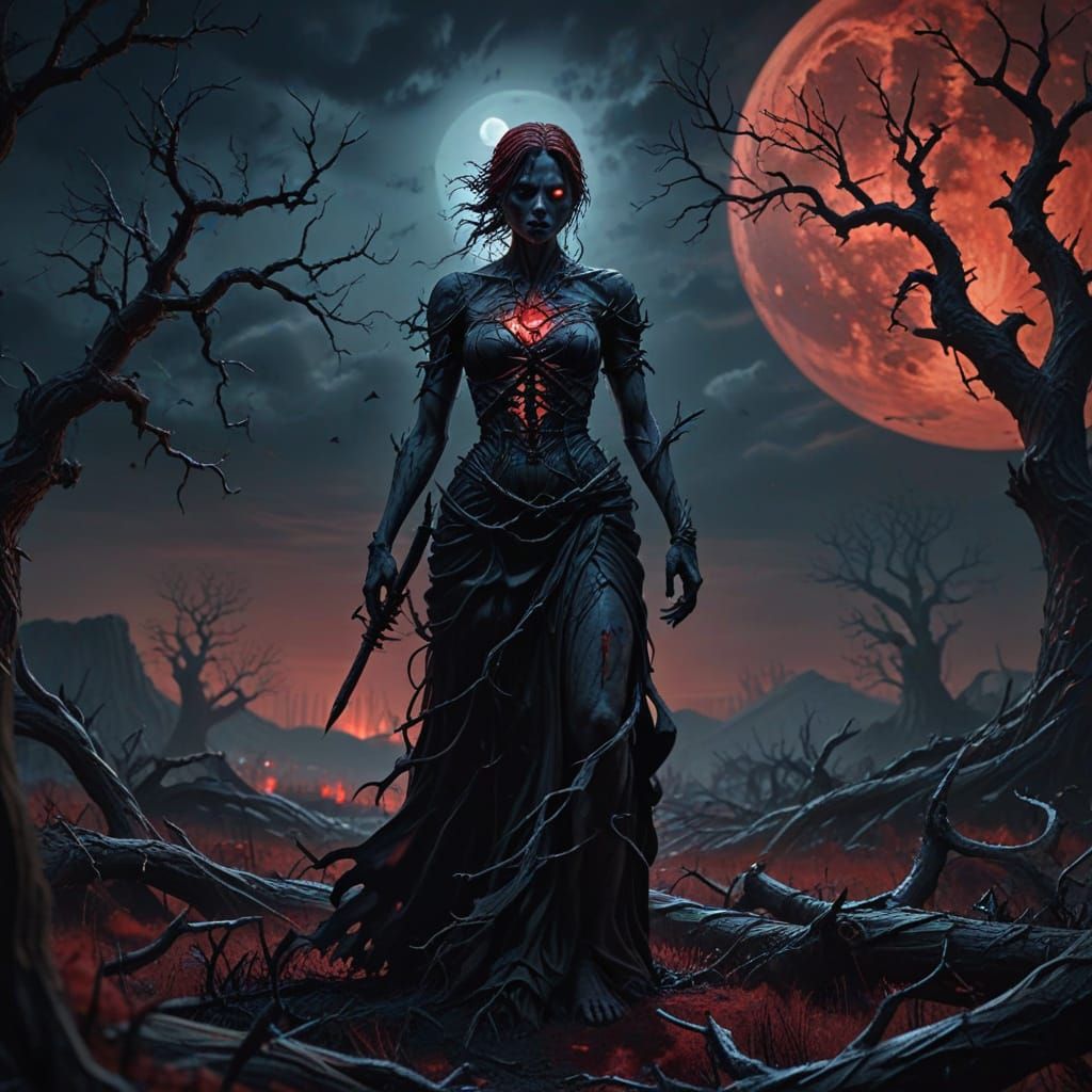 Gothic Figure Under Bloody Moonlit Skies