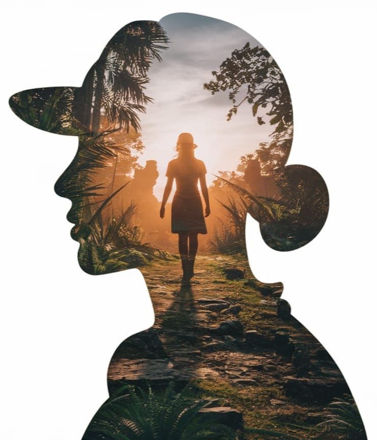 Rainforest Ruins Silhouette: Archeologist Double Exposure