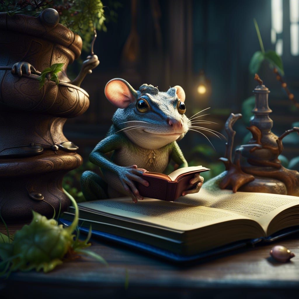Frog and Rat Read Book: Detailed Fantasy Art
