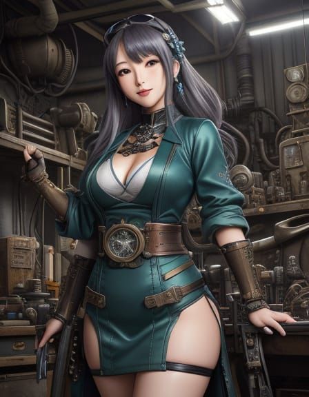 Manga-Inspired Art of a Female Engineer in a Vintage Worksho...