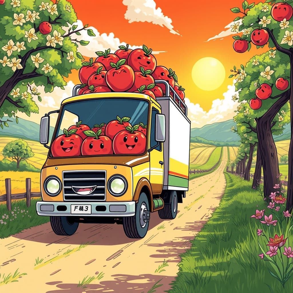 Anime Truckload of Smiling Anthropomorphic Apples