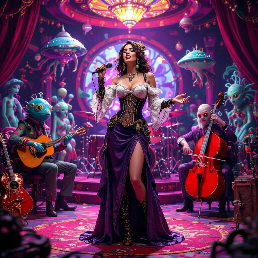 Steampunk Singer with Alien Band on Psychedelic Stage