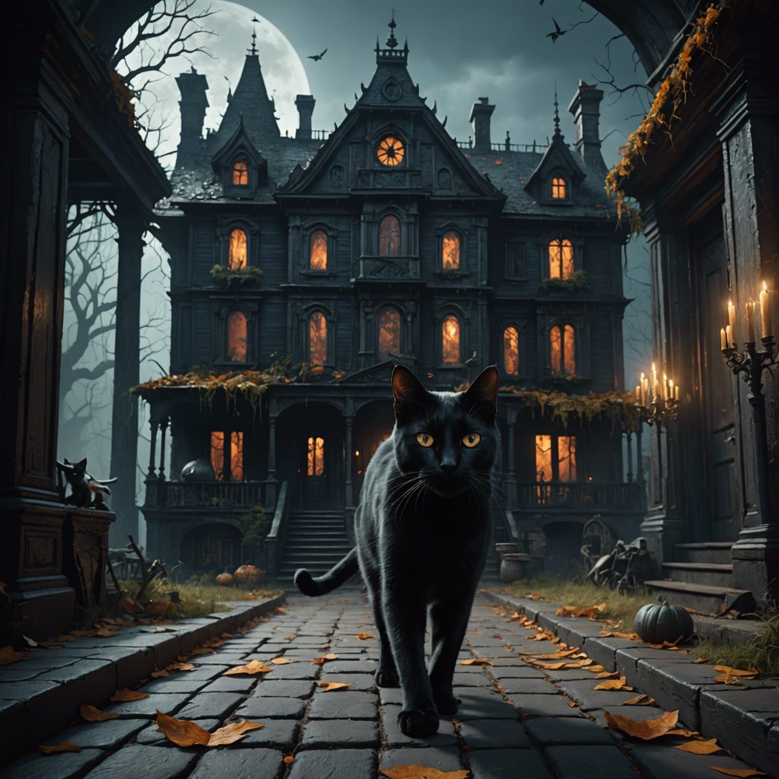 Black Cat in Haunted House: Fantasy Concept Art