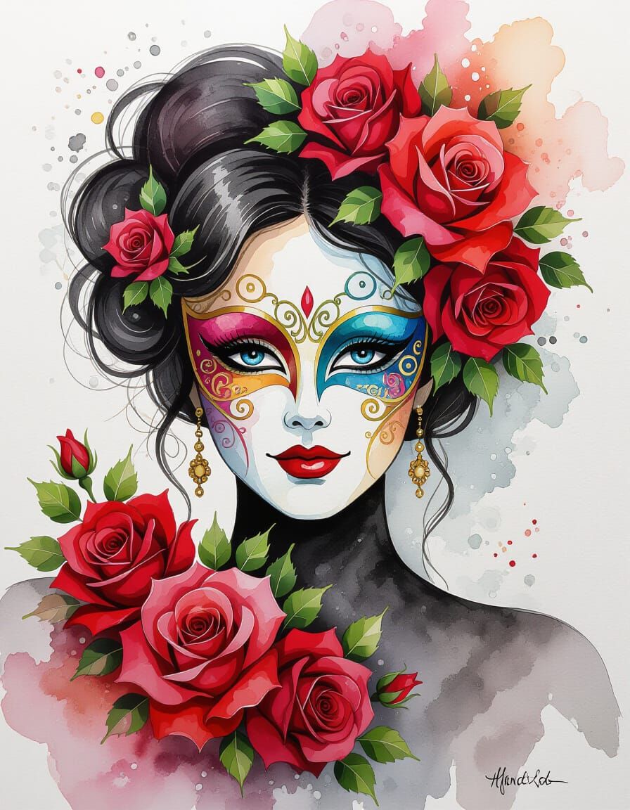 Harlequin Masked Women with Roses: Alcohol Ink Art