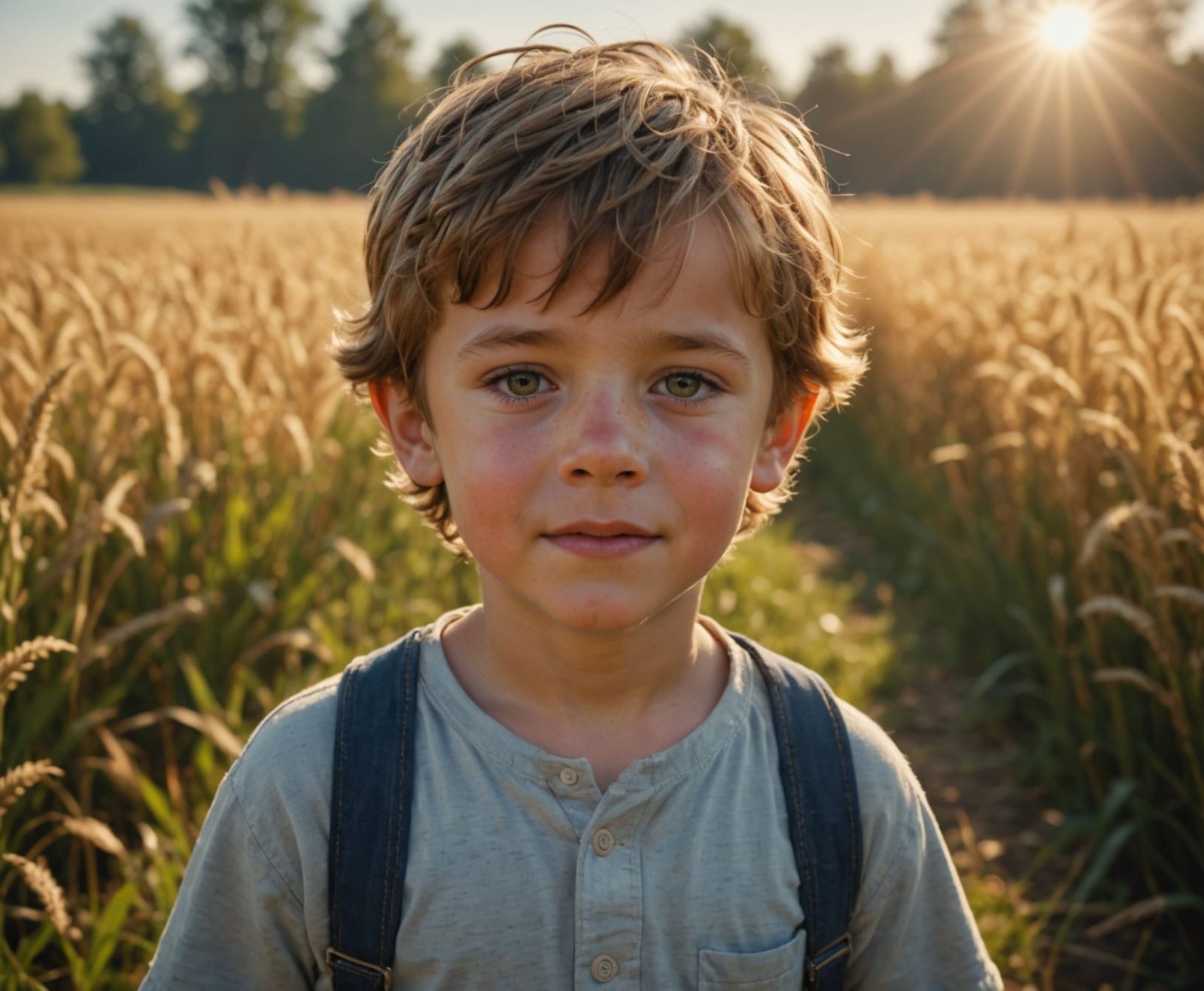 Sun-Drenched Boy in Cornfield with God Rays