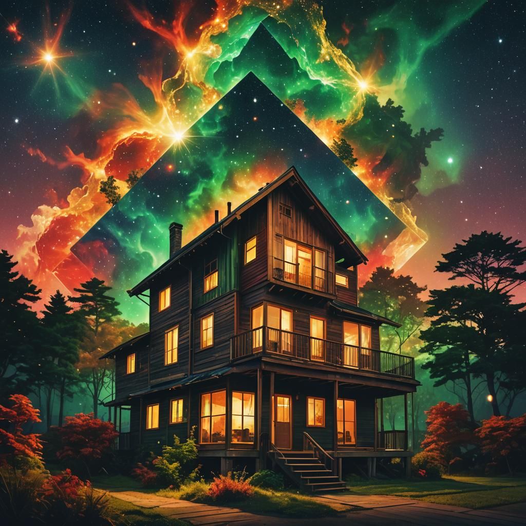 Nebula Night Wood House in Digital Illustration