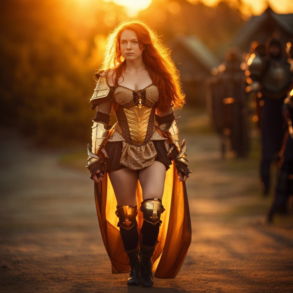 Goddess Warrior in Knight Armor at Sunset